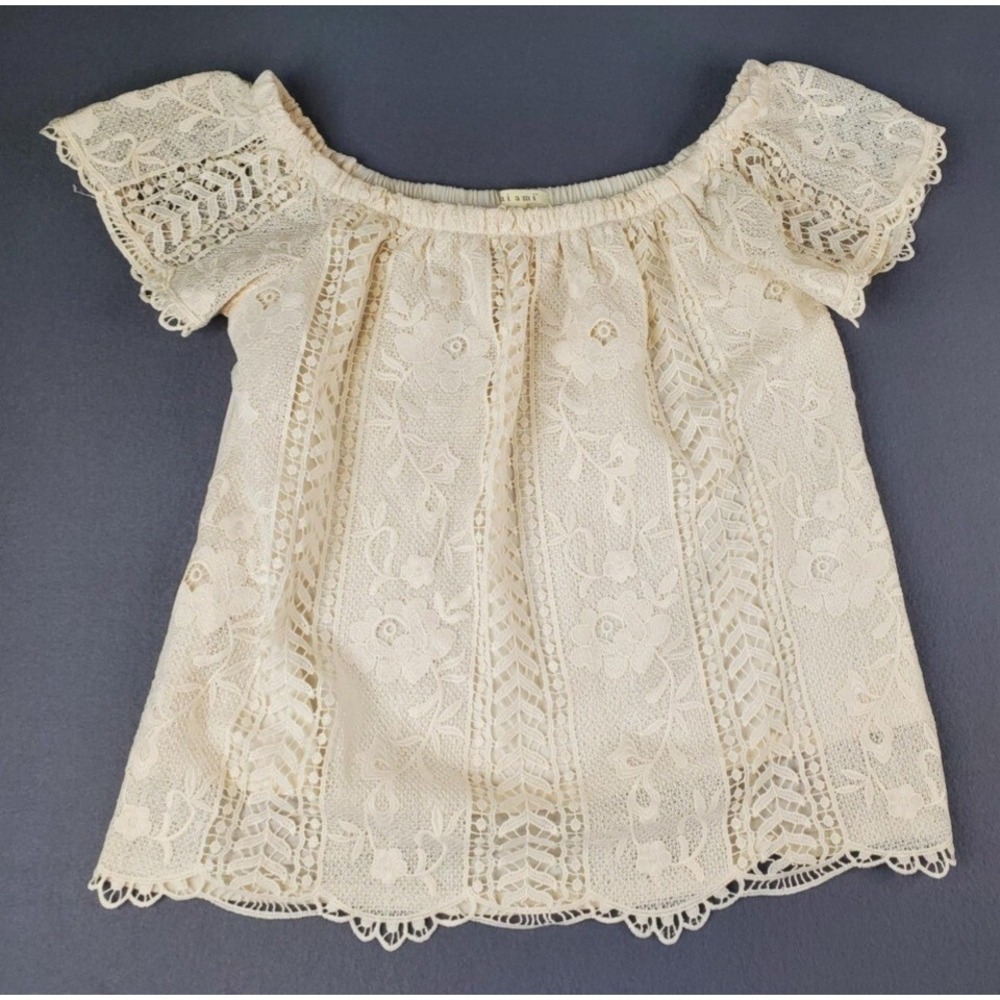 Miami Women's Cream Lace Overlay Shirt M Elastic Shoulder Boho Lacey Blouse